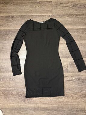 Sheer Panel Black Long-Sleeve Bodycon Dress